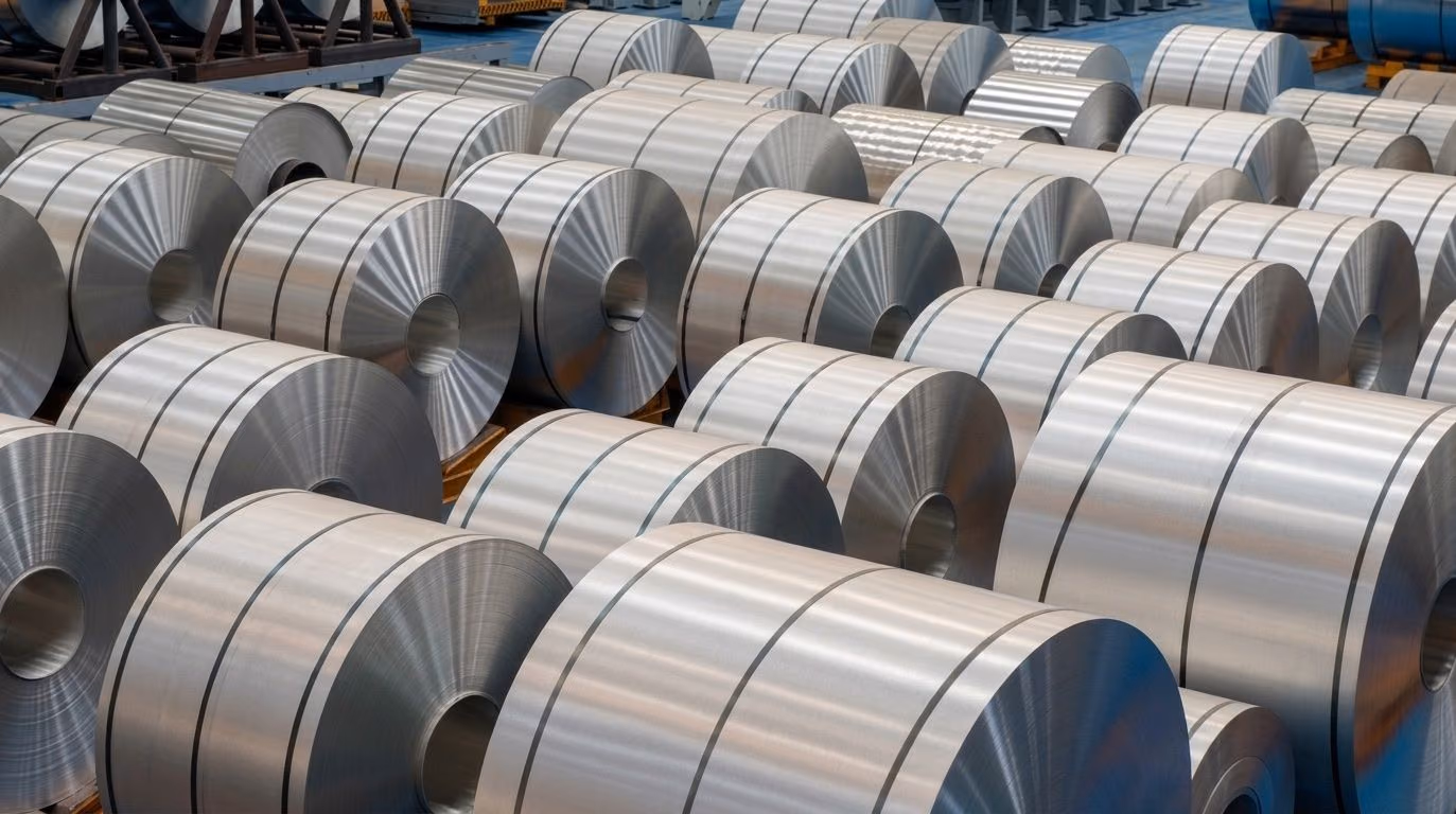 Cold rolled steel coils stored at a manufacturing facility