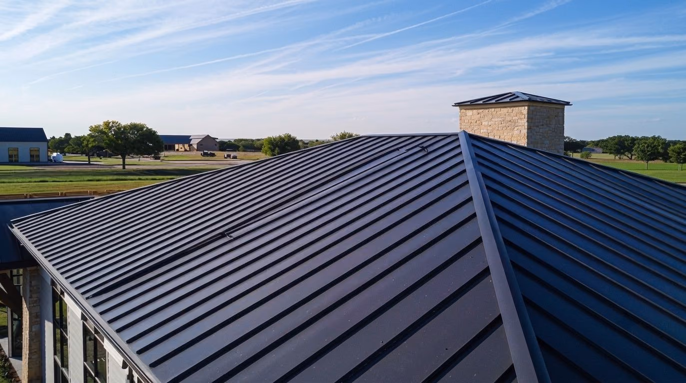 A completed building roof made from dark prepainted steel panels