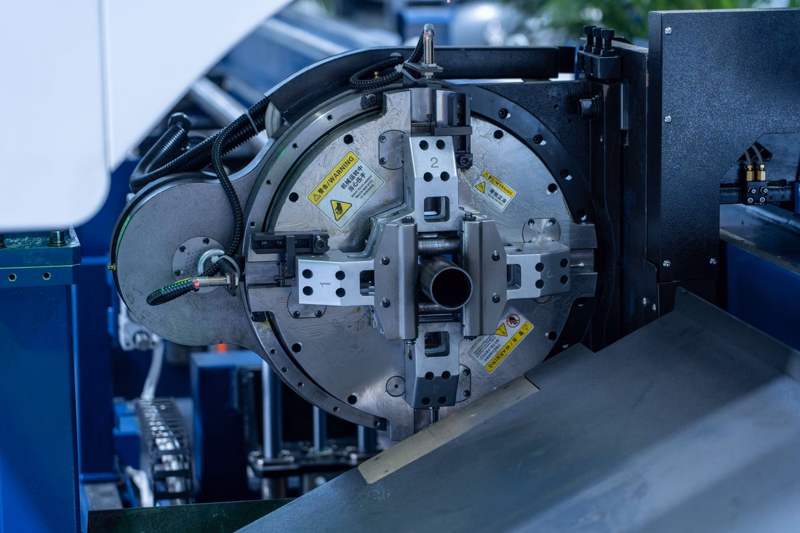 Industrial steel processing equipment prepared for precision work